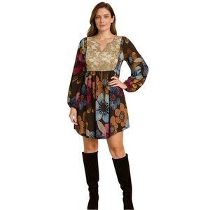 EGS CALIFORNIA knit sweater dress flower pattern Lacey top babydoll flare cut M